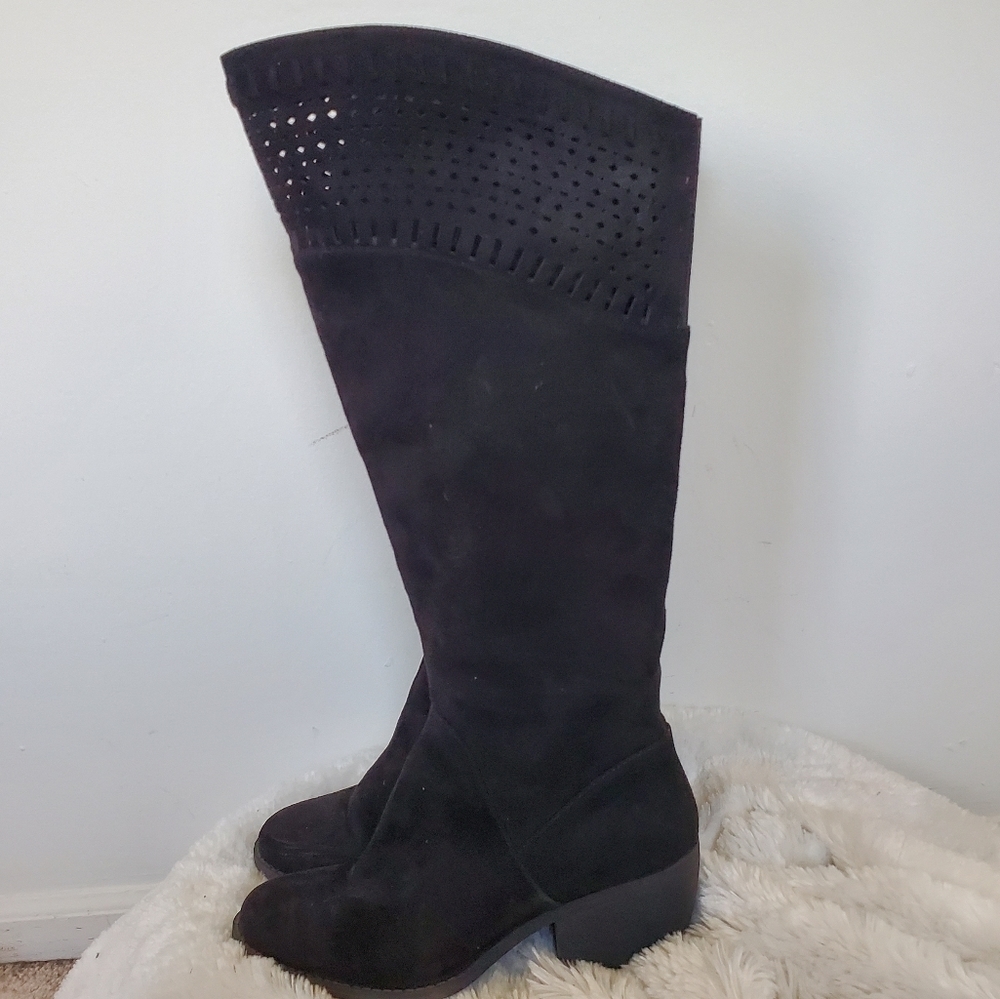 David Aaron Knee High Faux Suede Perforated Boots